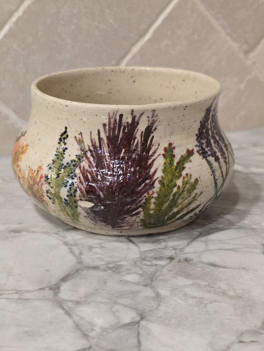 Studio Art Pottery Handpainted Speckled Bowl Dish Pot Organic Modern Botanical